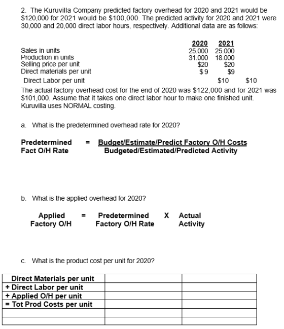 2. The Kuruvilla Company predicted factory overhead for 2020 and 2021 would be $120,000 for 2021 would be $100,000. The predi