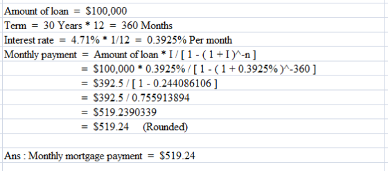 Amount ofloan - $100,000 Term - 30 Years * 12 - 360 Months Interest rate-4.71% * 1/12-0.3925% Per month Monthly payment - Amount of loan * I/[1-(1+I -n -$100,000 * 0.3925%/ [ 1-( 1 +0.3925%)-360 ] -S392.5 /1 0.244086106] - S392.5/0.755913894 - $519.2390339 S519.24 (Rounded) Ans: Monthly mortgage payment - S519.24