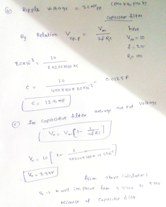 са Capacitor tltee Bu Relakion V = -n hert 3 l o = 100 2 x2 00 X10o 0.0125 f 12.5 꺄 ⓒ-For capacitive名1ter average ecetnd volt
