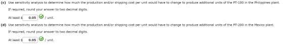(c) Use sensitivity analysis to determine how much the production and/or shipping cost per unit would have to change to produ