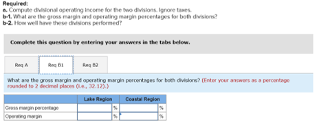 Required: . Compute divisional operating income for the two divisions, lonore taxes b-1. What are the gross margin and operat