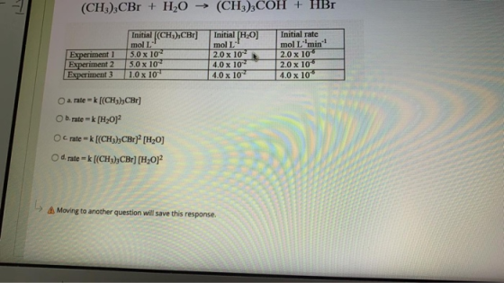 (CH3)3CBr + H2O → (CH3)3COH + HBT Initial (CH3),CBr] Initial [H0] Experiment1 Experiment 2 Experiment 3 mol L 5.0 x 10 5.0 x