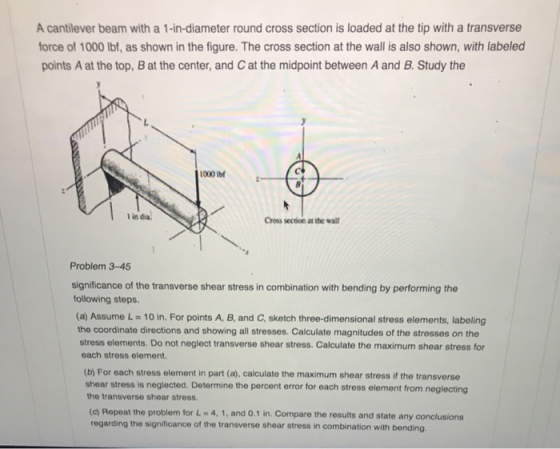 A cantilever beam with a 1-in-diameter round cross section is loaded at the tip with a transverse force of 1000 lbf, as shown