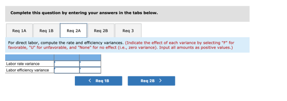 Complete this question by entering your answers in the tabs below. Req 1A Req 1B Req 2A Req 2B Req 3 For direct labor, comput