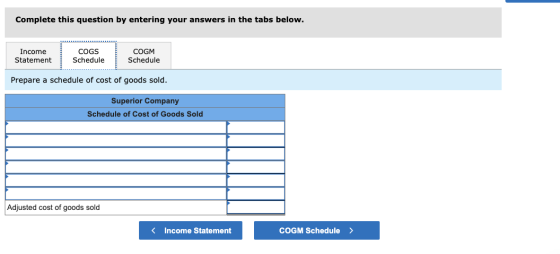 Complete this question by entering your answers in the tabs below. Income COGS Schedule COGM Schedule Statement Prepare a sch