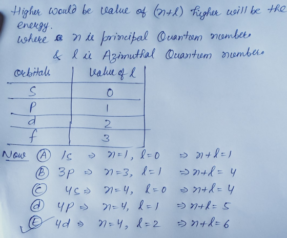 Higher would be value of (n+1) higher will be the energy. where a n il principal Quantum members & l il Azimuthal Quantium nu