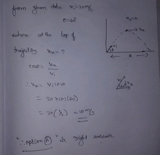 data from ginen V-20m/s: 0-68 Nyzo. where at the top of trajectiny Voxa? z R Va COSO x Vicoso - 20 Xcos (60) - 20(%) = 10 m/s