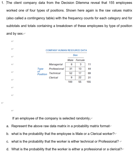 1. The client company data from the Decision Dilemma reveal that 155 employees worked one of four types of positions. Shown h