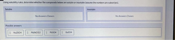Using solubility rules, determine whether the compounds below are soluble or insoluble (assume the numbers are subscripts). S