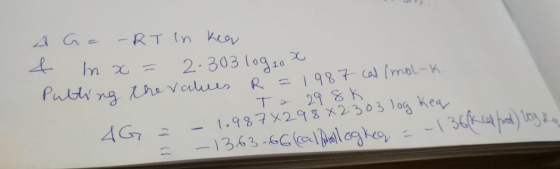 A G= RT In keer Inx= 2.303 logio x & & in x the values az 29 8 303 log kear 36kcal food) og Rey Putting the values R = 1.987