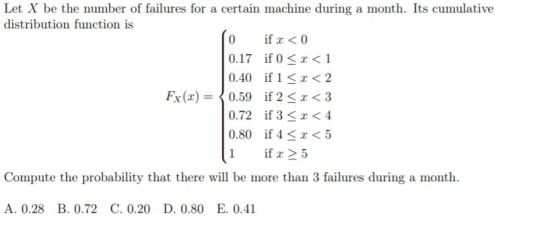 Let X be the number of failures for a certain machine during a month. Its cumulative distribution function is 0 if x < 0 0.17