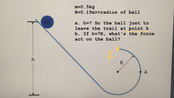 m-0.5kg R-0. 15m>>radius of ball a. h-? So the ball just to leave the trail at point k b. If h-7R, whats the force act on the ball?