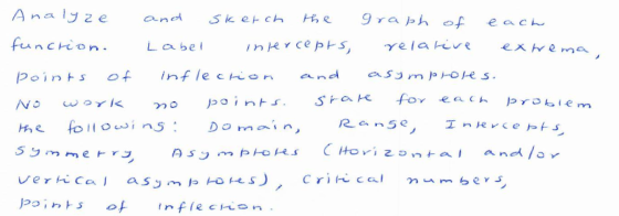 Analyze and sketch the graph of each function. Label intercepts, relative extrema Points of Inflection and asym proles. work