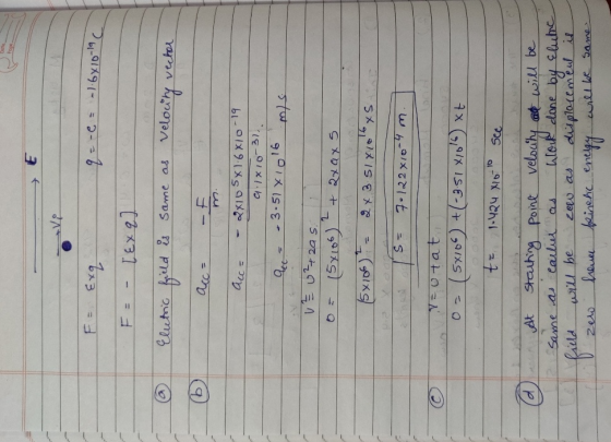 E F = Exq = - = -1.6410-19 C F = [Exq] a is Eletric field Same as velocity vector acc= - Acc= 2X105X16X10-19 9.1x10-31 16 m/s