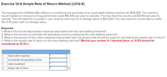 Exercise 12-6 Simple Rate of Return Method [LO12-6] The management of Ballard MicroBrew is considering the purchase of an aut