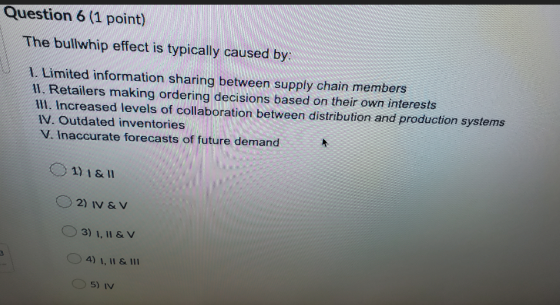 Question 6 (1 point) The bullwhip effect is typically caused by: 1. Limited information sharing between supply chain members