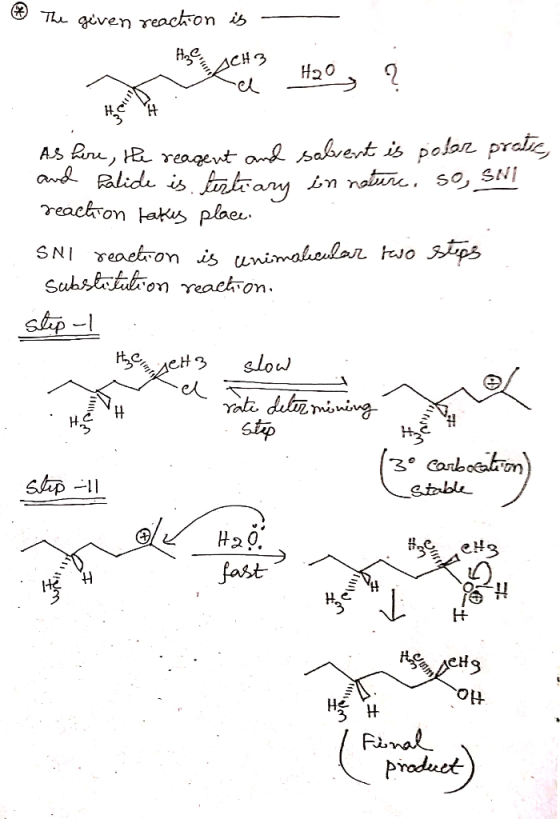 ® The given reaction is ACH3 Ra H2O , ? As here, the reagent and salvent is polar prakse, and Ralide is tertiary in nature. s