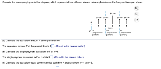 Consider the accompanying cash flow diagram, which represents three different interest rates applicable over the five-year time span shown. $2.100 $1,400 $1,400 $1,400 $1,400 Years 10% P 7% ,8% Compounded Compounded Compounded quarterlyqely quarterly (a) Calculate the equivalent amount P at the present time The equivalent amount P at the present time is $|. (Round to the nearest dollar.) (b) Calculate the single-payment equivalent to F at n-5 The single-payment equivalent to F at n 5 is $(Round to the nearest dollar.) (c) Calculate the equivalent equal-payment series cash flow A that runs from n 1 to n- 5.