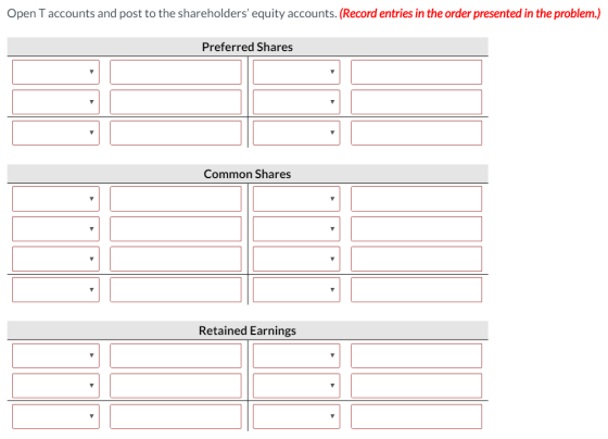 Open Taccounts and post to the shareholders equity accounts. (Record entries in the order presented in the problem.) Preferr
