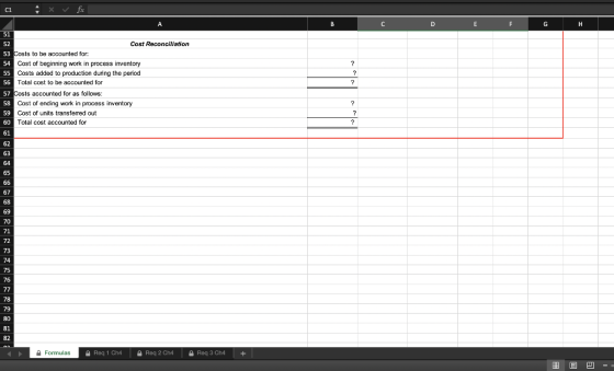 C1 B с D E F G н. A 51 52 Cost Reconciliation 53 Costs to be accounted for: 54 Cost of beginning work in process inventory 55