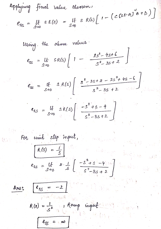 Applying final value theorem, ess = $E(S) - It S RG) [ - (66E-a3% +)] S70 using the above values 25%-4576 S²_35+2 50 1. . - l
