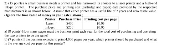 2) (15 points) A small business needs a printer and has narrowed its choices to a laser printer and a high-end ink-jet printe