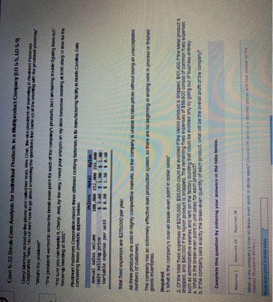Case 5 32 Break Even Analysis for Individual Products na Multiprochurct Company [LO 55, LO 59 Corporation Cheryl Montoye pick