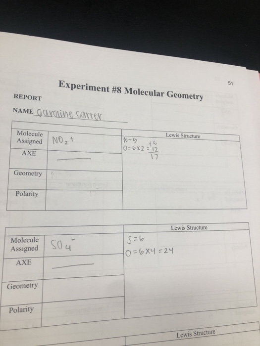 Experiment #8 Molecular Geometry 51 REPORT NAME GaKOline Garter Molecule Lewis Structure N-5 06x2-12 17 Assigned NO2t AXE Geo