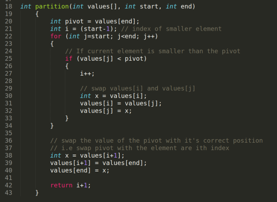int partition(int values[], int start, int end), 18 19 int pivot = values[end]; int i = (start-1); // index of smaller elemen