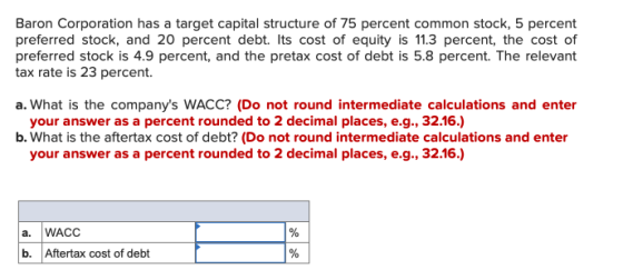Baron Corporation has a target capital structure of 75 percent common stock, 5 percent preferred stock, and 20 percent debt.