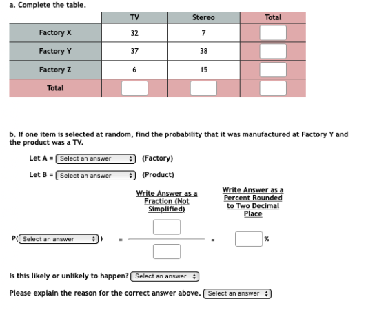 a. Complete the table. TV Stereo Total Factory X 32 7 Factory Y 37 38 Factory z 6 15 Total b. If one item is selected at rand