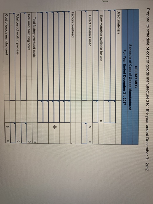 Prepare its schedule of cost of goods manufactured for the year ended December 31, 2017. DELRAY MFG. Schedule of Cost of Good