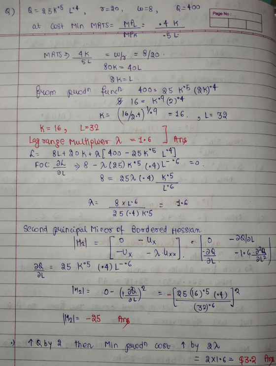 Page No : Q = 25k 05 L4 8=20, w=8, Q=400 at Cost Min MRTS= MR = .4K SMF-51 52 MRTS > 4K = Wlos = 8/20 | 80K = 40L QK=L. puodo