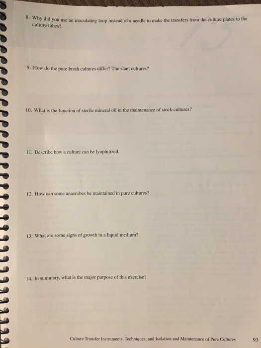 8. Why did you use an inoculating loop instead of a needle to make the transfers from the culture plates to the culture tubes? 9. How do the pure broth cultures differ? The slant cultures? 10. What is the function of sterile mineral oil in the maintenance of stock cultures? 11. Describe how a culture can be lyophilized. 12. How can some anaerobes be maintained in pure cultures? 13. What are some signs of growth in a liquid medium? 14. In summary, what is the major purpose of this exercise? Culture Transfer Instruments, Techniques, and Isolation and Maintenance of Pure Cultures 93