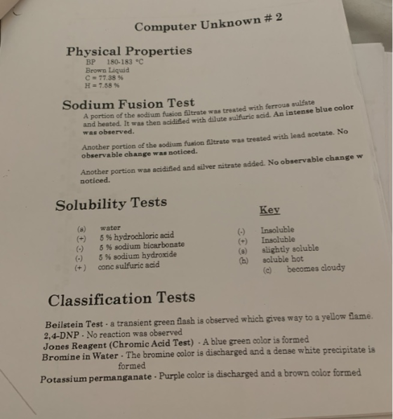 Computer Unknown # 2 Physical Properties BP 180-183 °C Brown Liquid C = 77.38 % H = 7.58 % Sodium Fusion Test A portion of th