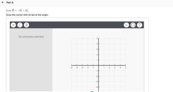 Part A Draw the vector with its tail at the origin. 7 No elements selected 4 5 4 -3-2 1