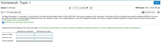 Homework: Topic 1 Save Score: 0 of 20 pts 2 of 6 (1 complete) HW Score: 10%, 10 of 100 pts QI:1-19 (similar to) Question Help