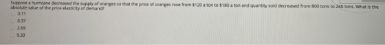Suppose a hurricane decreased the supply of oranges so that the price of oranges rose from $120 a ton to $180 a ton and quant