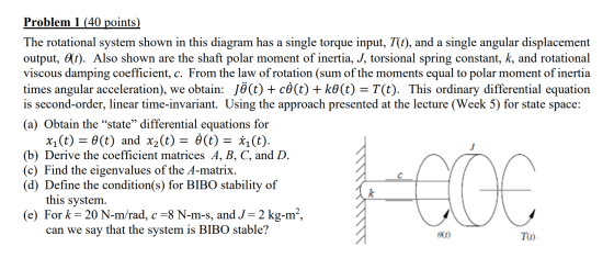 Problem 1 (40 points) The rotational system shown in this diagram has a single torque input, T(t), and a single angular displ