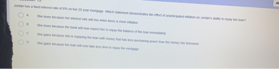 Jordan has a food interest rate of 6% on her 20 year mortgage. Which statement demonstrates the effect of unarticipated infla