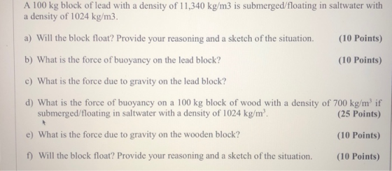 A 100 kg block of lead with a density of 11,340 kg/m3 is submerged/floating in saltwater with a density of 1024 kg/m3. a) Wil