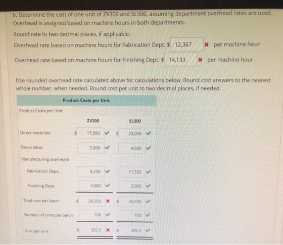 b. Determine the cost of one unit of ZX300 and SL500, assuming department overhead rates are used. Overhead is assigned based on machine hours in both departments Round rate to two decimal places, if applicable. Overhead rate based on machine hours for Fabrication Dept. $ 12,367 x per machine hour Overhead rate based on machine hours for Finishing Dept. $ 14,133 x per machine hour Use rounded overhead rate calculated above for calculations below. Round cost answers to the nearest whole number, when needed. Round cost per unit to two decimal places, if needed. Product Costs per Unit Product Costs per Unit ZX300 SL500 Direct materials 17,000 v 23,000 Direct labor 5,000 4,000 Manufacturing overhead: Fabrication Dept Finishing Dept Total cost per batch 8,250 4,000 30,250x 4 11,550 2000 40,550 100 302.5 X405.5 Number of units per batch 100 Cost per unit