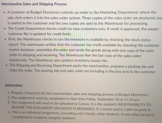 Merchandise Sales and Shipping Process • A customer at Budget Electronics submits an order to the Marketing Department, where