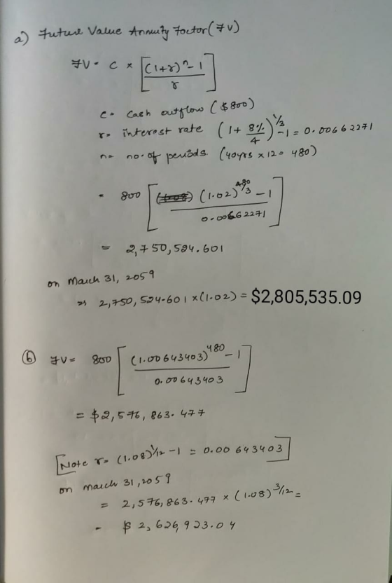 a) Future Value Annuity Foctor (&u) #v- c + ((1+27 21 ] - Cash out flow ($800) so interest rate ( 1+ 8.7) - 0.0066294 o no. o