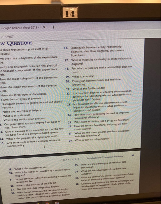 morgan balance sheet 2019- x + =922967 W Questions at three transaction cycles exist in all nesses? me the major subsystems o