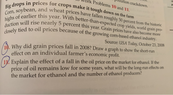 (d tion crackdown. P Problems 10 and 11. Big drops in prices for crops make it tough down on the farm Corn, soybean, and whea