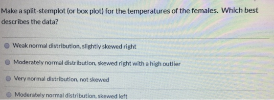 Make a split-stemplot (or box plot) for the temperatures of the females. Which best describes the data? Weak normal distribut