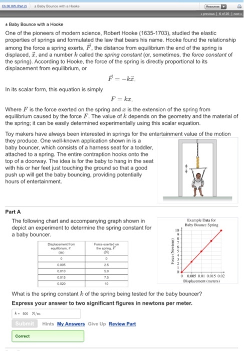 ±Baby Bounce with a Hooke One of the pioneers of modern science, Robert Hooke (1635-1703), studied the elastic properties of springs and formulated the law that bears his name. Hooke found the relationship among the force a spring exerts, F, the distance from equilibrium the end of the spring is displaced, , and a number k called the spring constant (or, sometimes, the force constant of the spring). According to Hooke, the force of the spring is directly proportional to its In its scalar form, this equation is simply Where F is the force exerted on the spring and z is the extension of the spring from equilibrium caused by the force F. The value of k depends on the geometry and the material of the spring: it can be easily determined experimentally using this scalar equation. Toy makers have always been interested in springs for the entertainment value of the motion they produce. One well-known application shown in is a baby bouncer, which consists of a harness seat for a toddler attached to a spring. The entire contraption hooks onto the top of a doorway. The idea is for the baby to hang in the seat with his or her feet just touching the ground so that a good push up will get the baby bouncing, providing potentially hours of entertainment. Part A The following chart and accompanying graph shown in depict an experiment to determine the spring constant for a baby bouncer Example Data for Baby Hounce Spring 10 Displacement from Force exeed on Tm 0.005 001 0015 00 Displacement (meters 0015 75 0 020 What is the spring constant k of the spring being tested for the baby bouncer? Express your answer to two significant figures in newtons per meter k 500 N/m Submit Hints My Answer Give Up ReviewPart Correct