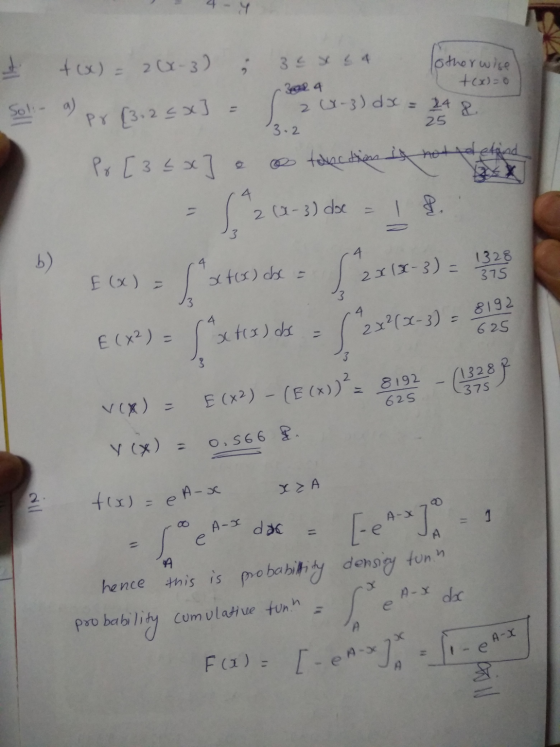 - 4 - 4 tex) = 2x-3) : 35 x 34 Totherwise 1 tx=0 Bar a 25 3.2 Soli- a) pr (3.25x] = Po [35x] e (x-3) dx = 24 8 tekee tien it