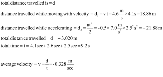 total distance travelled is-d distance travelled while moving with velocity-di-v t= 4.6-x4. Îs= 18.86 m distance travelled while accelerating-d 0.5x 7.0-一×2.52 s-_ 21.88 m total dis tan ce travelled -d--3.020 m total time t 4.1sec+2.6sec+2.5sec 9.2s 2 average velocity-v-=-0.328 Sec